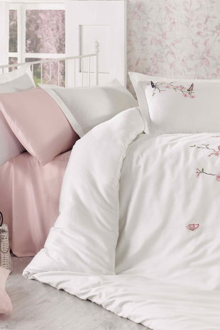 Butterfly 3d Nakışlı Pamuk Saten Nevresim Takımı Krem Pudra - Dantela