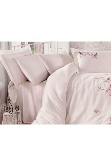 Butterfly 3d Nakışlı Pamuk Saten Nevresim Takımı Pudra Pudra - Dantela (1)