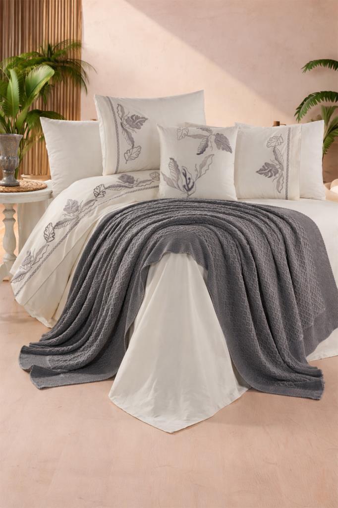 Cadis %100 Pamuk Çift Kişilik Battaniyeli Nevresim Takımı Gri - 1