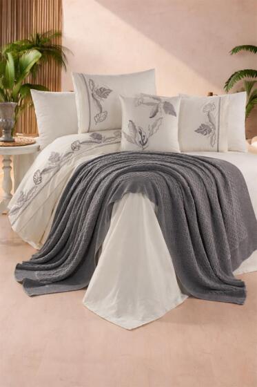 Cadis %100 Pamuk Çift Kişilik Battaniyeli Nevresim Takımı Gri - Çeyiz Diyarı