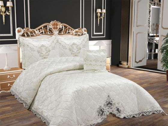 Calvina Kadife Dantelli Çift Kişilik Yatak Örtüsü Krem - Çeyiz Diyarı