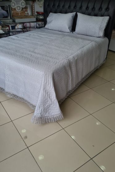 Carilla Kapitoneli Fransız Güpürlü Yatak Örtüsü Gri - Çeyiz Diyarı