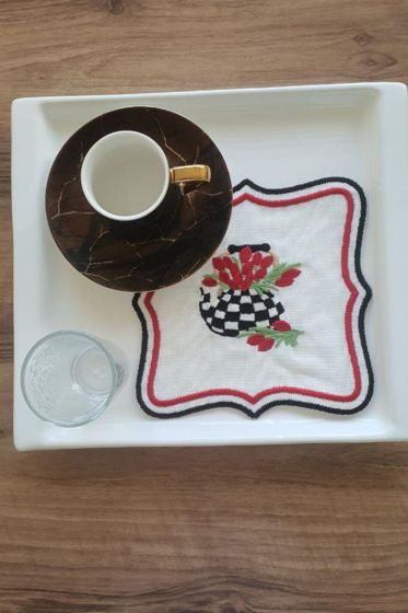 Çaycım Nakışlı Keten Kare Bardak Altlığı Seti 6 Lı - Çeyiz Diyarı