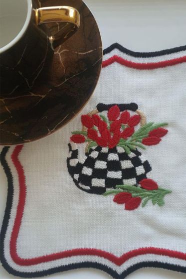 Çaycım Nakışlı Keten Kare Bardak Altlığı Seti 6 Lı - Çeyiz Diyarı (1)