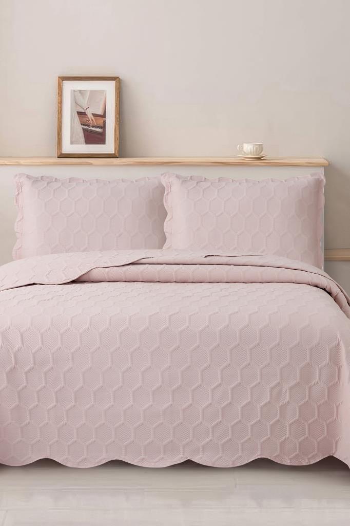 Cenevre Elyaf Dolgulu Çift Kişilik 240x260 Cm Yatak Örtüsü Pudra - 1