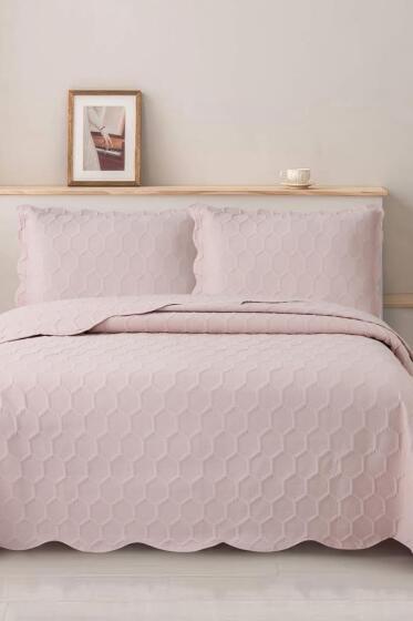 Cenevre Elyaf Dolgulu Çift Kişilik 240x260 Cm Yatak Örtüsü Pudra - Çeyiz Diyarı