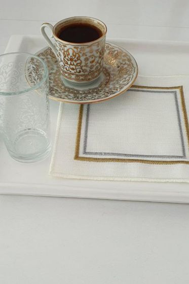 Çerçeve Nakışlı Keten Kare Bardak Altlığı Seti 6 Lı - Çeyiz Diyarı