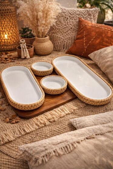 Çeyiz Diyarı 4 Parça Melamin Jüt Kaplama Çerez Seti Bej Bej - Çeyiz Diyarı