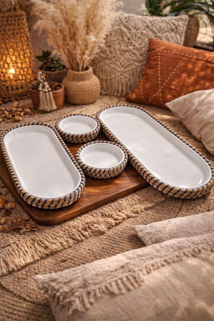 Çeyiz Diyarı 4 Parça Melamin Jüt Kaplama Çerez Seti Bej İndigo - 1