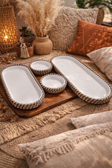 Çeyiz Diyarı 4 Parça Melamin Jüt Kaplama Çerez Seti Bej İndigo - Çeyiz Diyarı