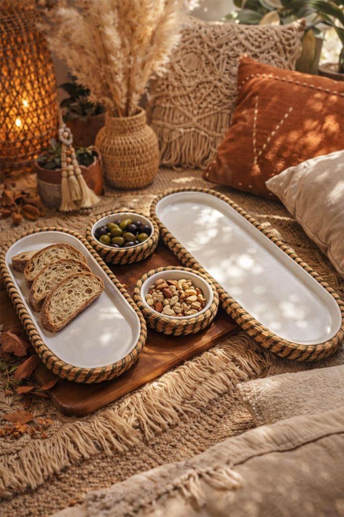 Çeyiz Diyarı 4 Parça Melamin Jüt Kaplama Çerez Seti Bej Yeşil - 1