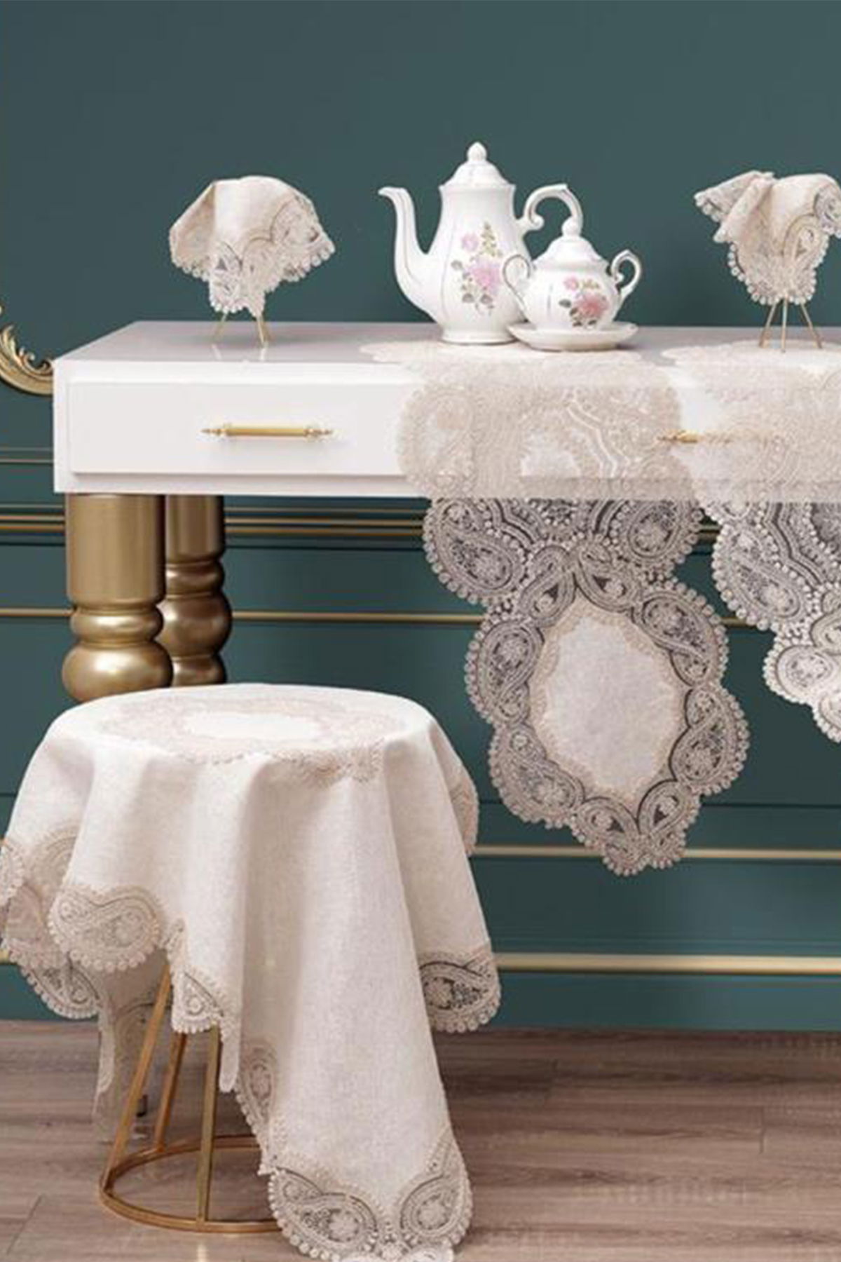 Çeyiz Diyarı Bellisima 5 Parça Keten Salon Takımı Krem Gold - 1