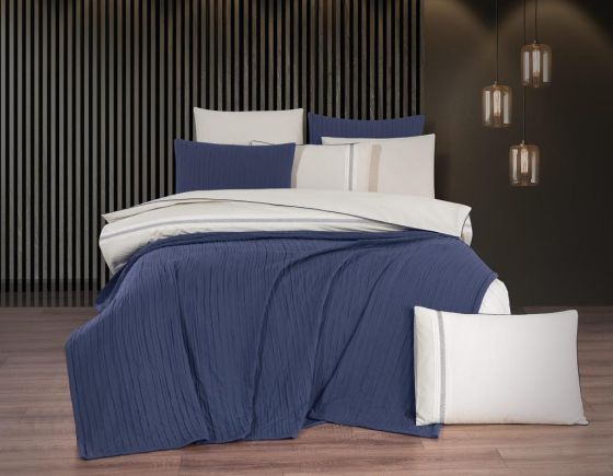 Çeyiz Diyarı Denim 9 Parça Nevresimli Yatak Örtüsü Takımı İndigo Krem - Çeyiz Diyarı