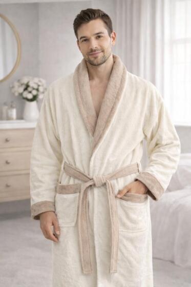 Çeyiz Diyarı Estoria Şal Yaka Tek Bornoz Bej - Çeyiz Diyarı