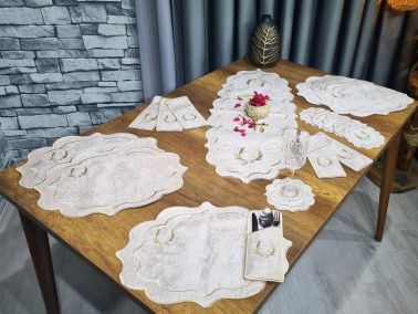 Çeyiz Diyarı Fiyonk Nakışlı 19 Parça Amerikan Servis Seti Krem Cappucino - 1
