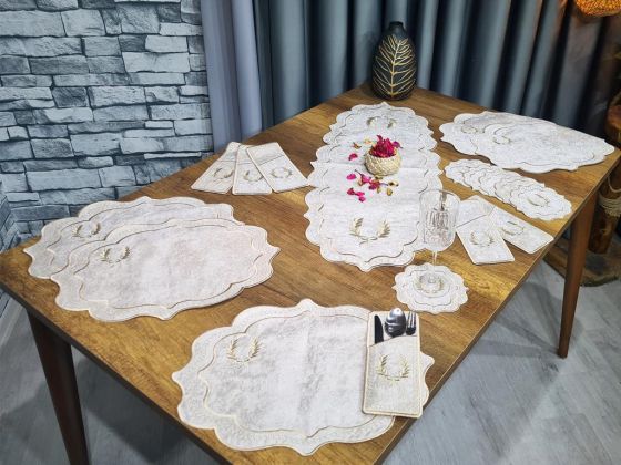 Çeyiz Diyarı Fiyonk Nakışlı 19 Parça Amerikan Servis Seti Krem Cappucino - Çeyiz Diyarı