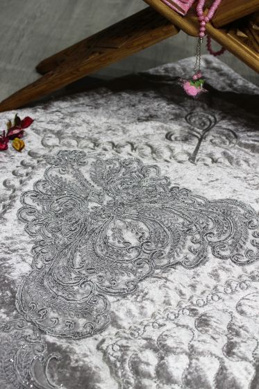 Çeyiz Diyarı Fransız Güpürlü Lisa Kadife Seccade Gri - Çeyiz Diyarı