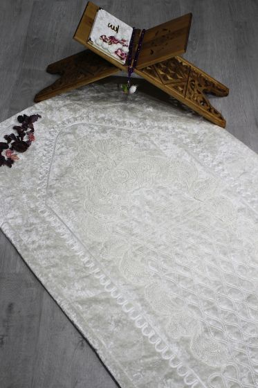 Çeyiz Diyarı Fransız Güpürlü Lisa Kadife Seccade Krem Krem - Çeyiz Diyarı