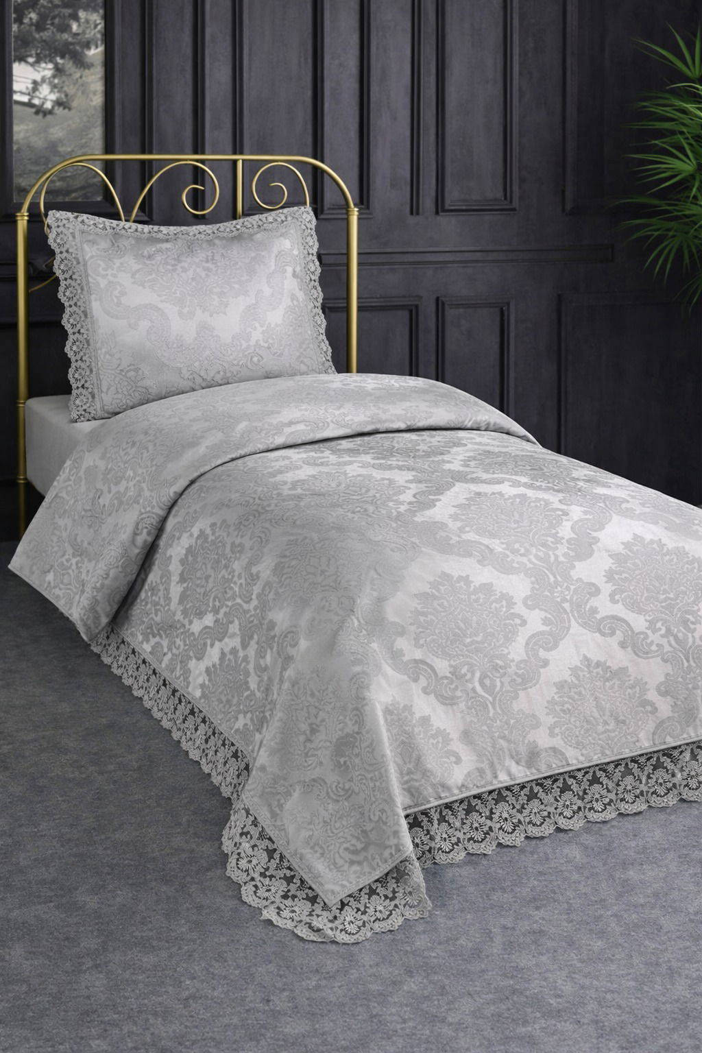 Çeyiz Diyarı Fransız Güpürlü Lunox Tek Kişilik Yatak Örtüsü Antrasit - 1