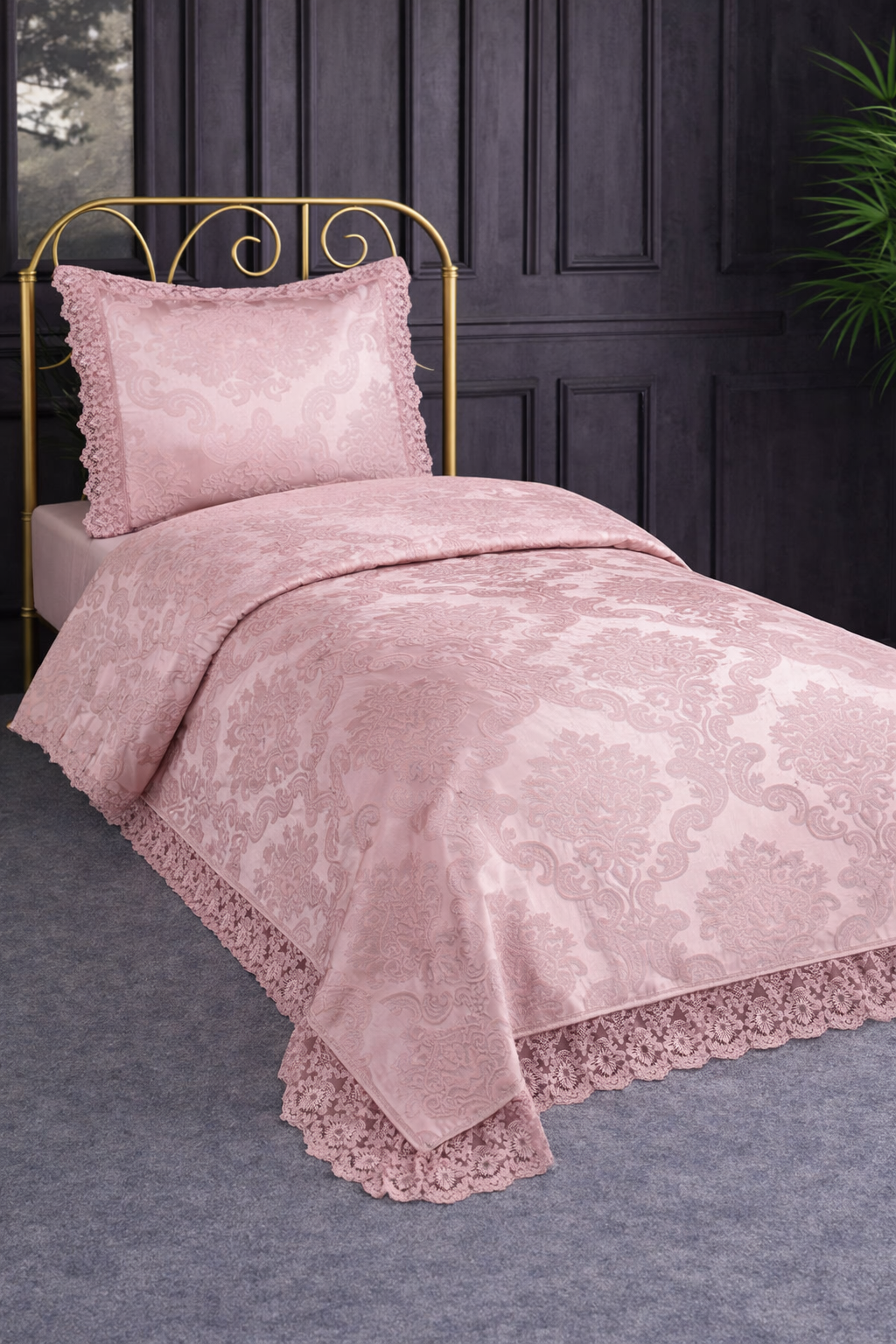 Çeyiz Diyarı Fransız Güpürlü Lunox Tek Kişilik Yatak Örtüsü Pudra - 1