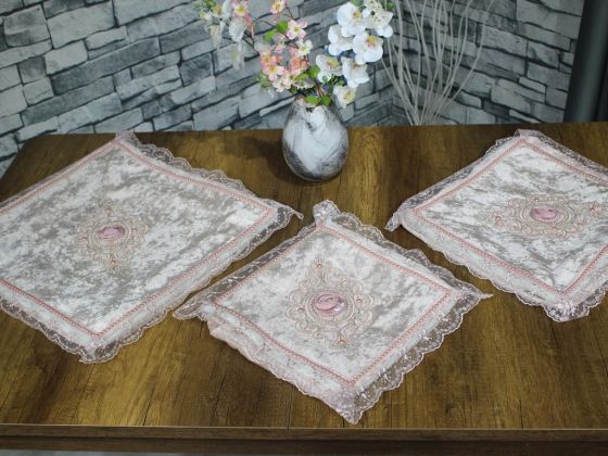 Çeyiz Diyarı Fransız Güpürlü Nazende Kadife 3 Lü Bohça Seti Pudra - Çeyiz Diyarı