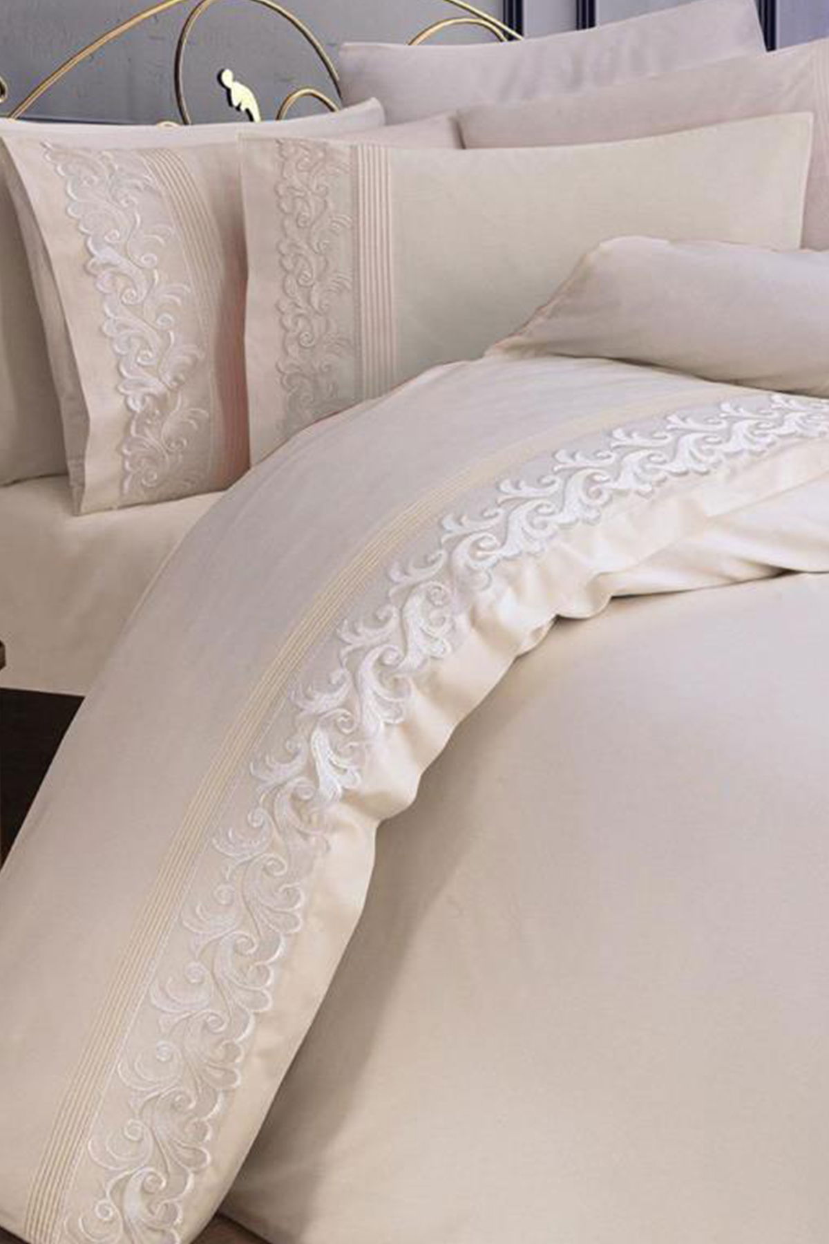 Çeyiz Diyarı Fransız Güpürlü Nervürlü Belinda Nevresim Takımı Krem - 1