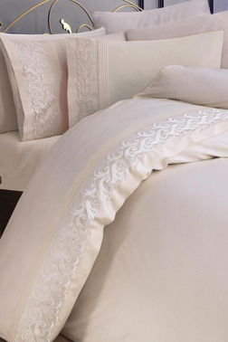 Çeyiz Diyarı Fransız Güpürlü Nervürlü Belinda Nevresim Takımı Krem - 1