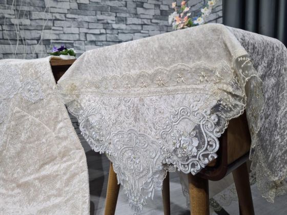 Çeyiz Diyarı Fransız Güpürlü Nesli Kadife 4 Lü Bohça Seti Cappucino - Çeyiz Diyarı (1)