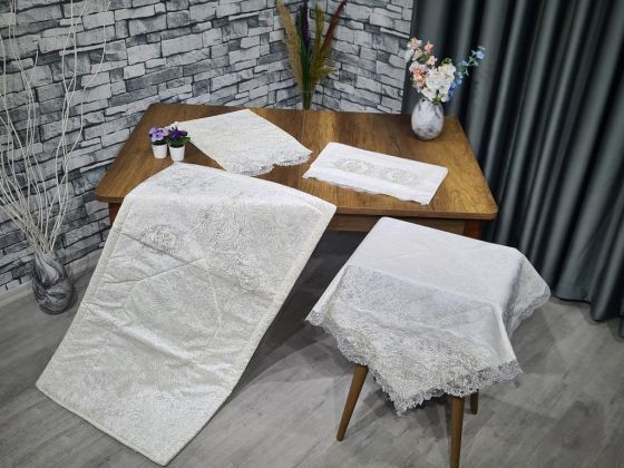 Çeyiz Diyarı Fransız Güpürlü Nesli Kadife 4 Lü Bohça Seti Krem - Çeyiz Diyarı