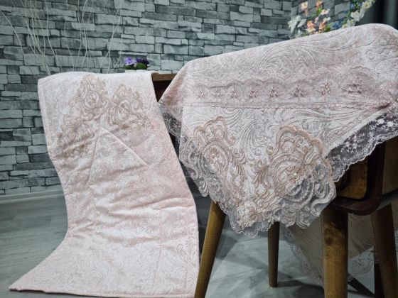 Çeyiz Diyarı Fransız Güpürlü Nesli Kadife 4 Lü Bohça Seti Pudra - Çeyiz Diyarı (1)