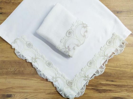 Çeyiz Diyarı Fransız Güpürlü Tiara 2 Li Bohça Seti Krem - Çeyiz Diyarı