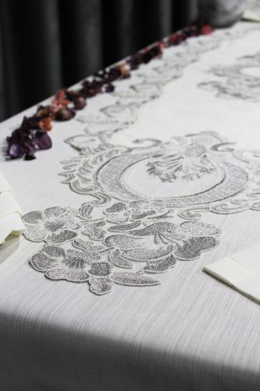 Çeyiz Diyarı Gülfem 8 Kişilik Masa Örtüsü Takımı Krem Gümüş - Çeyiz Diyarı