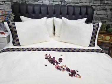 Çeyiz Diyarı Hazal Pamuk Saten Nevresim Takımı Krem Lacivert - 1