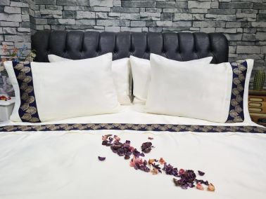 Çeyiz Diyarı Hazal Pamuk Saten Nevresim Takımı Krem Lacivert - 2
