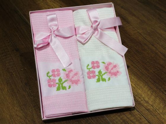 Çeyiz Diyarı Kanaviçe Nakışlı 2li Mutfak Peçetesi Pembe - Çeyiz Diyarı