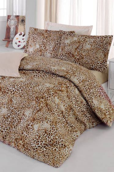 Çeyiz Diyarı Leopar Pamuk Saten Çift Kişilik Nevresim Takımı Kahve - Çeyiz Diyarı
