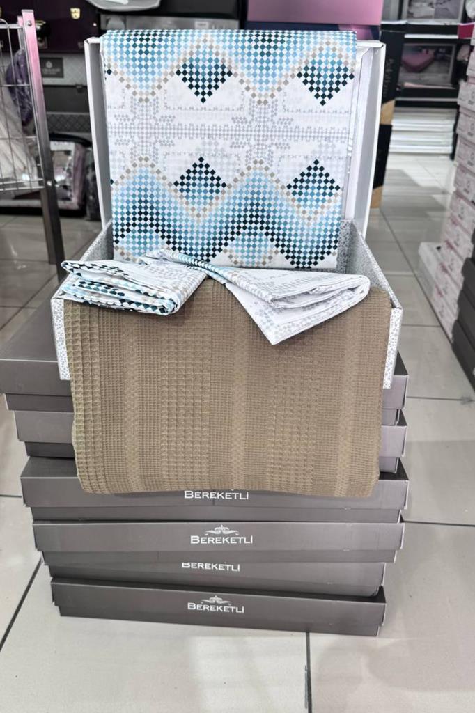 Çeyiz Diyarı Petek Çift Kişilik Pamuklu Pike Takımı Kahve - 1