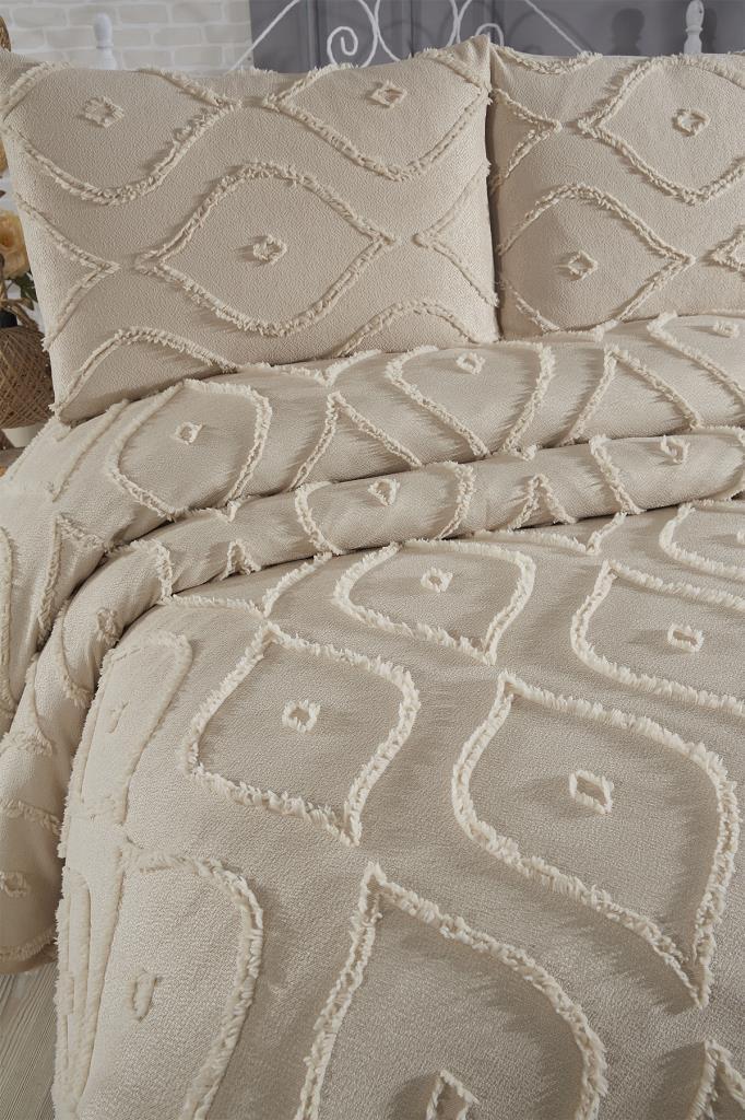 Çeyiz Diyarı Pirot 3 Parça Çift Kişilik Pike Takımı Bej - 5