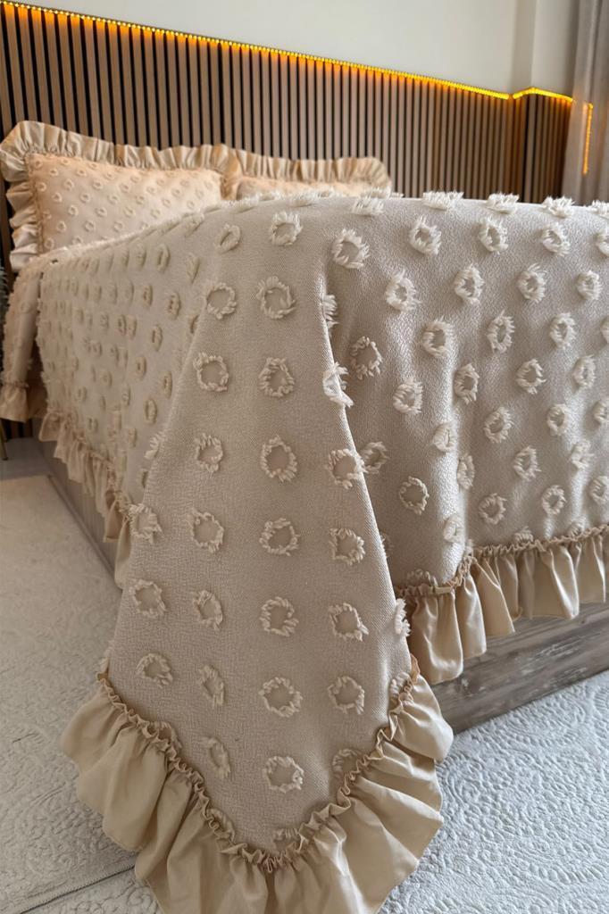Çeyiz Diyarı Ruffle Konik 3 Parça Çift Kişilik Pike Takımı Bej - 4