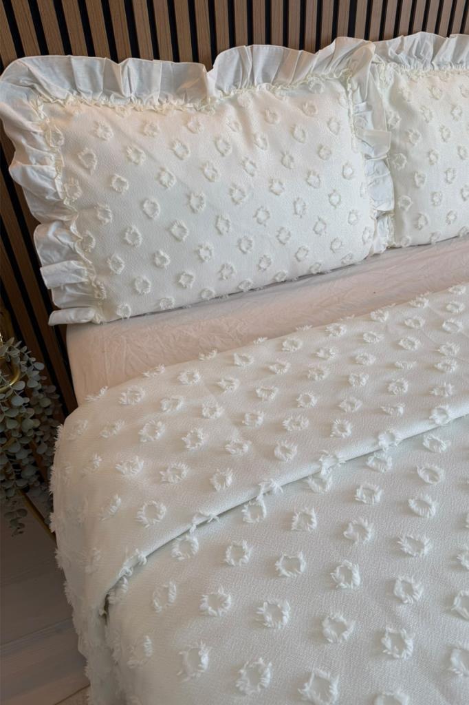 Çeyiz Diyarı Ruffle Konik 3 Parça Çift Kişilik Pike Takımı Krem - 2