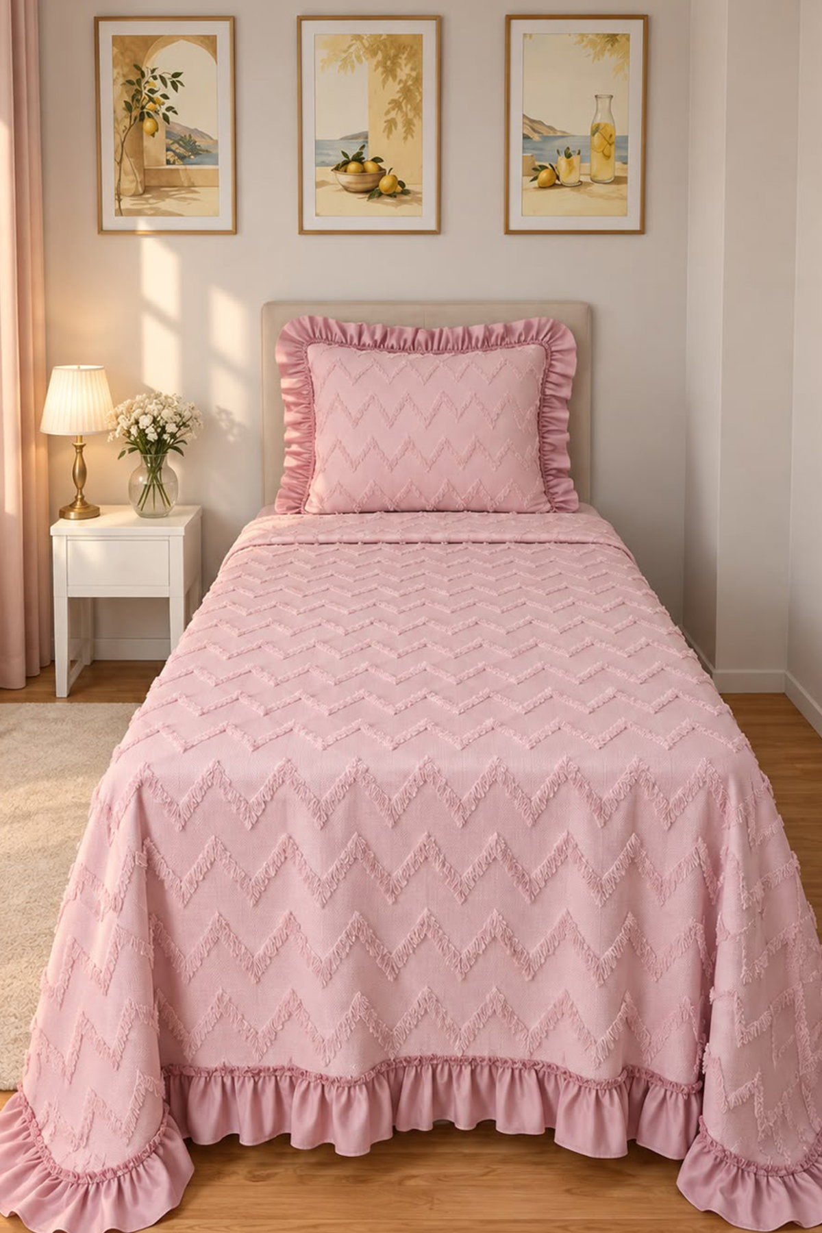 Çeyiz Diyarı Ruffle Lumpa 2 Parça Tek Kişilik Pike Takımı Pudra - 4