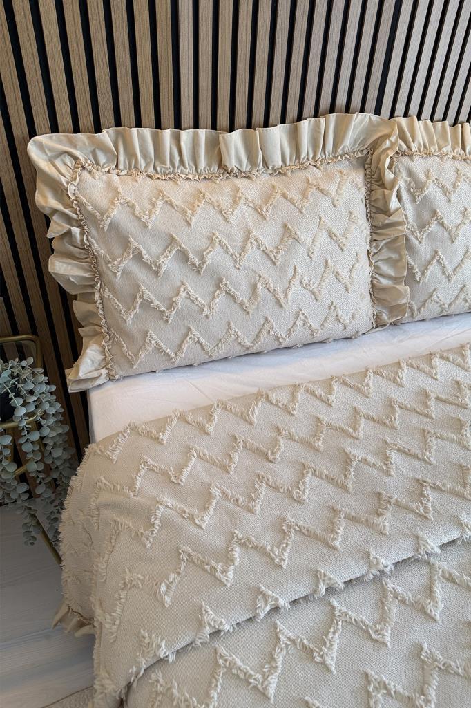 Çeyiz Diyarı Ruffle Lumpa 3 Parça Çift Kişilik Pike Takımı Bej - 3