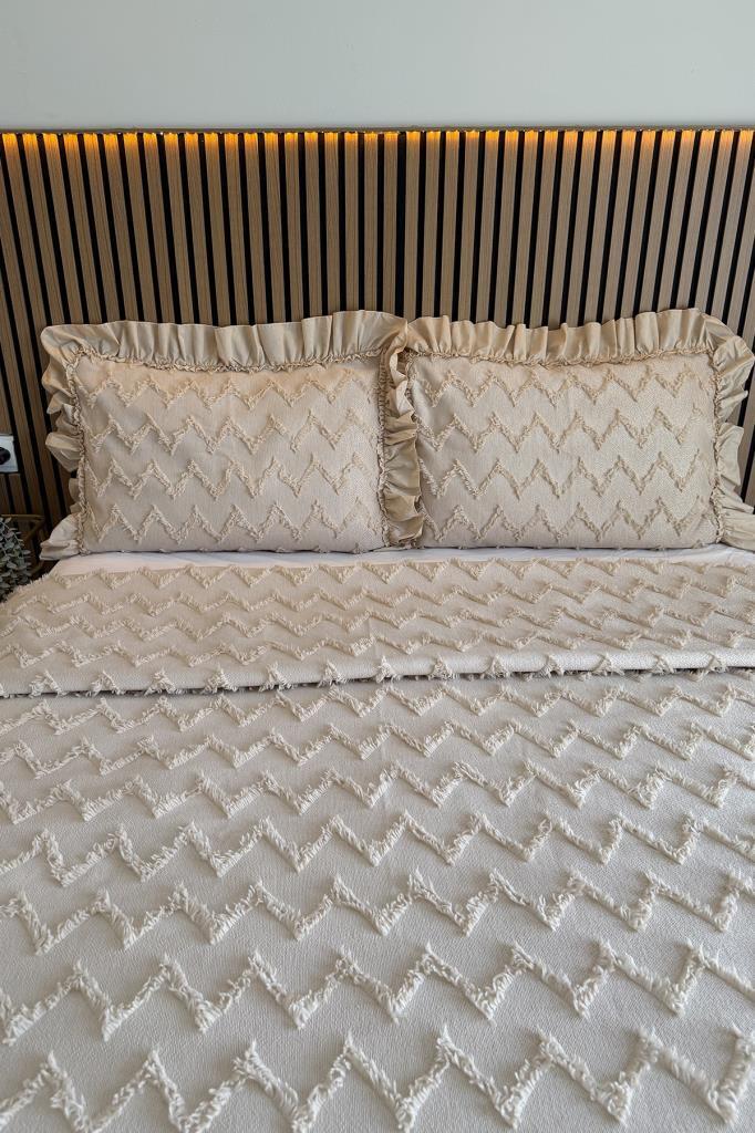 Çeyiz Diyarı Ruffle Lumpa 3 Parça Çift Kişilik Pike Takımı Bej - 4