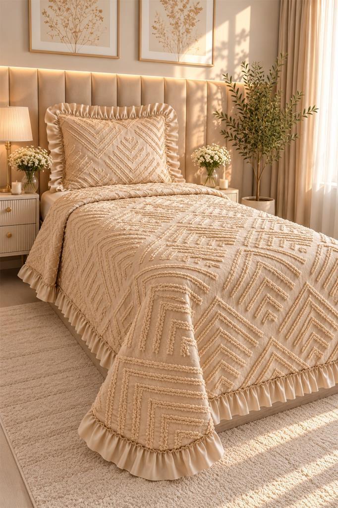 Çeyiz Diyarı Ruffle Pine 2 Parça Tek Kişilik Pike Takımı Bej - 1