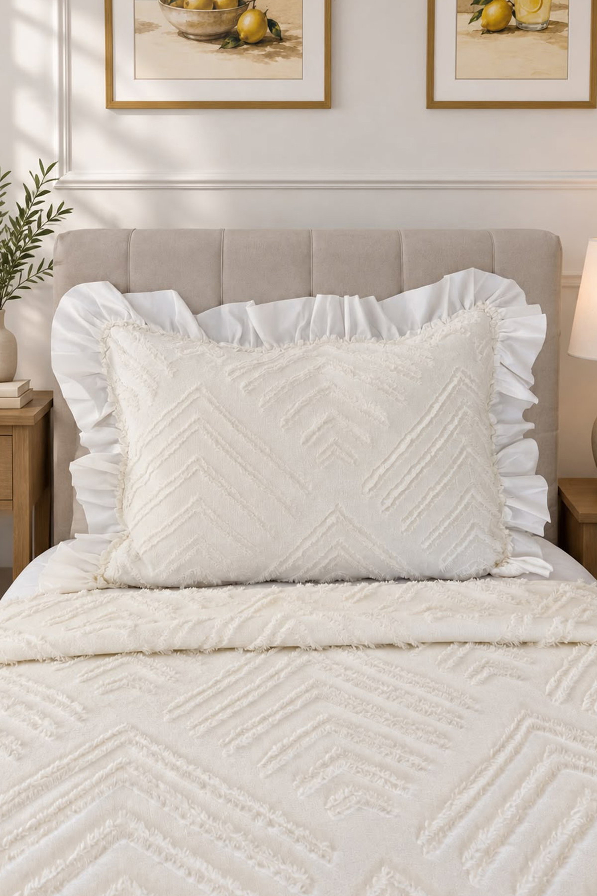 Çeyiz Diyarı Ruffle Pine 2 Parça Tek Kişilik Pike Takımı Krem - 2