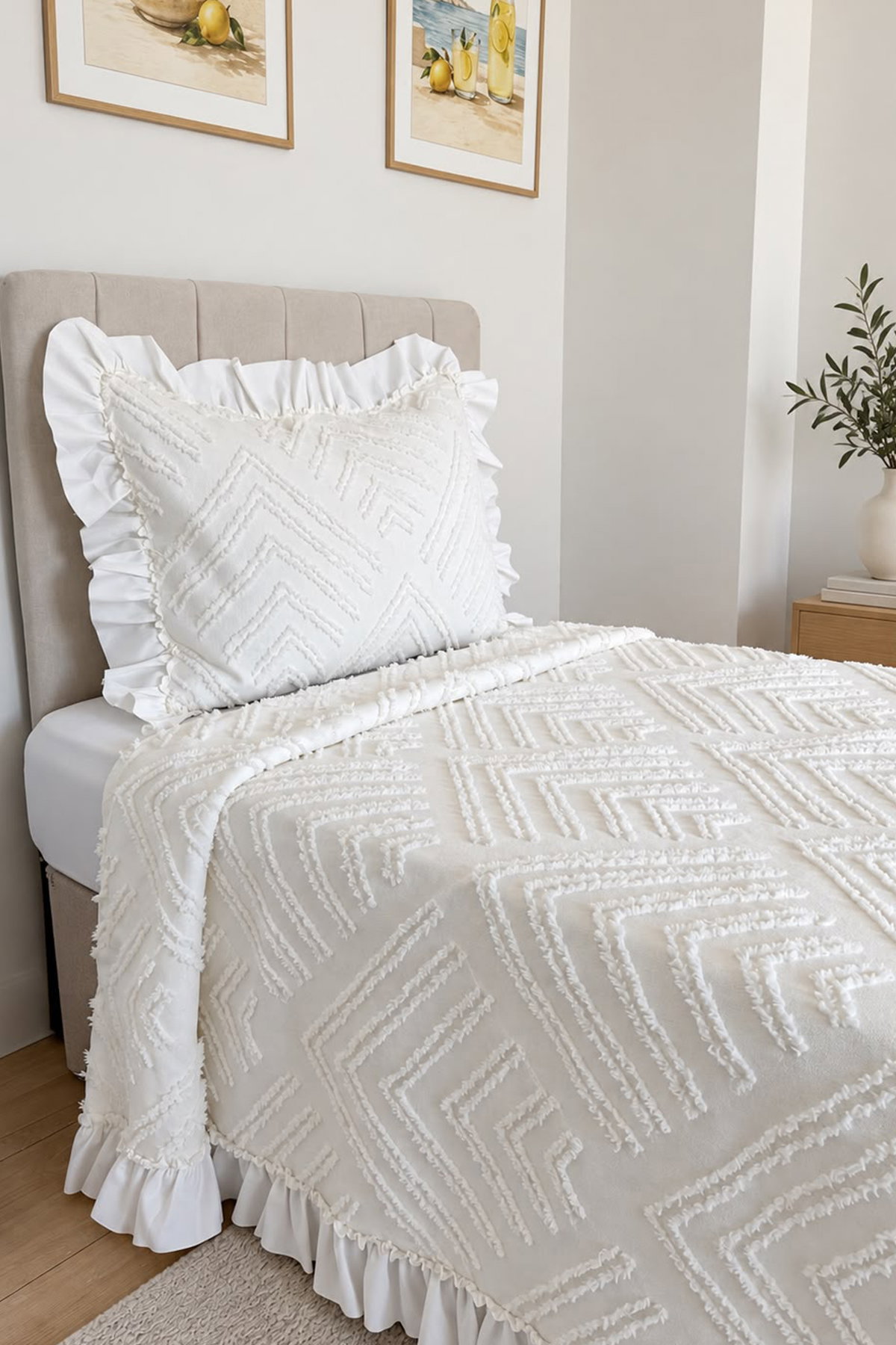 Çeyiz Diyarı Ruffle Pine 2 Parça Tek Kişilik Pike Takımı Krem - 3