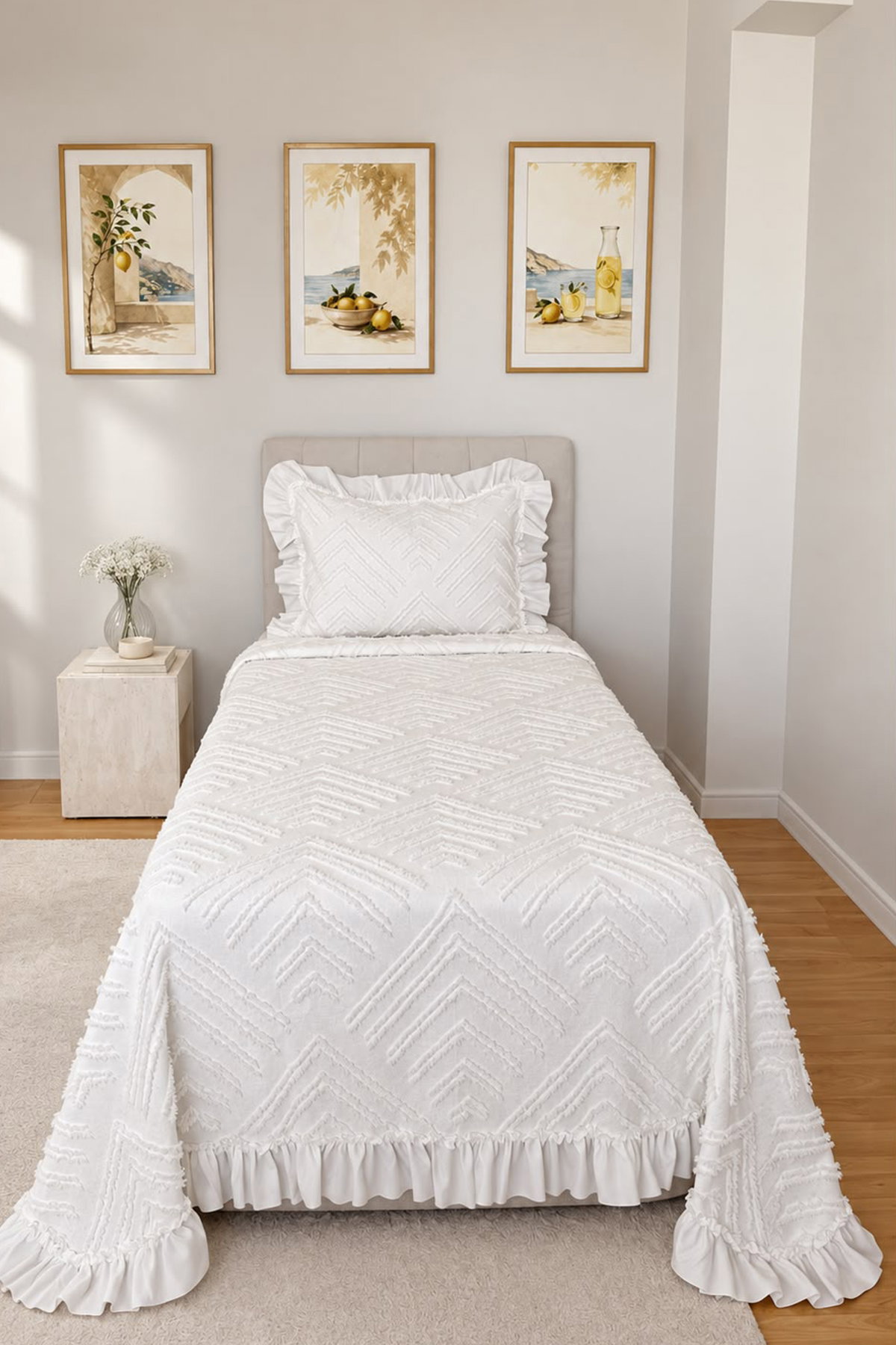 Çeyiz Diyarı Ruffle Pine 2 Parça Tek Kişilik Pike Takımı Krem - 1