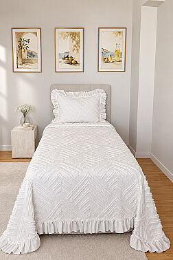 Çeyiz Diyarı Ruffle Pine 2 Parça Tek Kişilik Pike Takımı Krem - 1