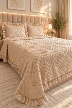 Çeyiz Diyarı Ruffle Pine 3 Parça Çift Kişilik Pike Takımı Bej - 1