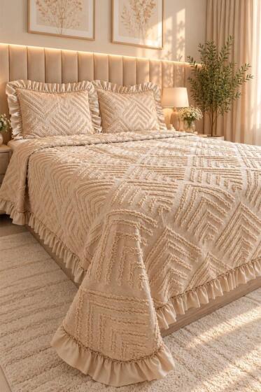 Çeyiz Diyarı Ruffle Pine 3 Parça Çift Kişilik Pike Takımı Bej - Çeyiz Diyarı